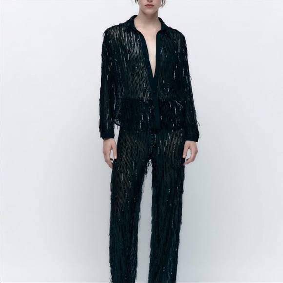 Zara SEQUIN FRINGED STRAIGHT LEG PANTS - Picture 4 of 6
